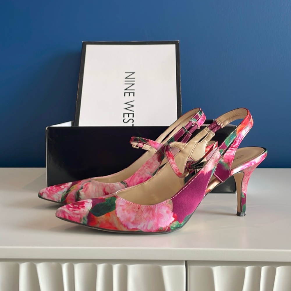 Nine West Pink Floral Pointed-Toe Slingback Heels